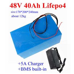 Rechargeable 48V 40Ah lifepo4 battery pack with built-in BMS for electric bike bicycle power tools scooter tricycles+5A Charger