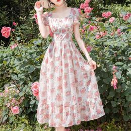 Summer Sweet Puff Sleeve Party Dress Vintage Women Square Collar Floral Embroidery Printed Pearls Button Pink Chiffon 210519