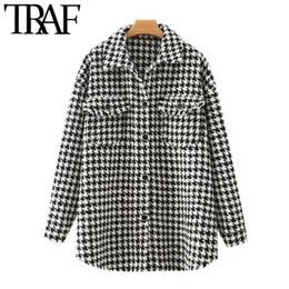 TRAF Women Fashion Oversized Houndstooth Frayed Tweed Jacket Coat Vintage Long Sleeve Pockets Female Outerwear Chic Top 211117