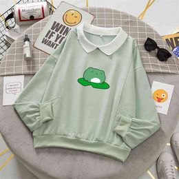 Kawaii Frog Sweatshirt Oversized Harajuku Pullover Hoodie with Pocket Cotton Women Kpop Fashion Clothes Aesthetic Sweet Hoodies 210805