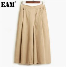 [EAM] Asymmetrical Pockets High Elastic Wide Leg Waist Trousers Loose Ankle-length Pants Women Tide Spring Summer 2021 1DD8198 Q0801