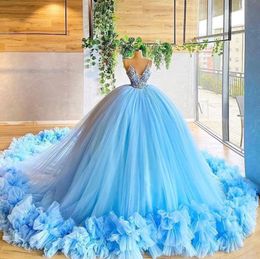 Fantastisk söt 15 Sky Blue Ball Gown Quinceanera Klänningar 2022 Sexig Spaghetti Strap Pärlor Appliques Ruffles Long Evening Prom Dresses Pro232