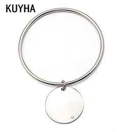 Diy Charms Wire Bangles Bracelets with Engravable Laser Round Tag Paved Cz Stone Crystal for Women Fine Jewellery New Q0717