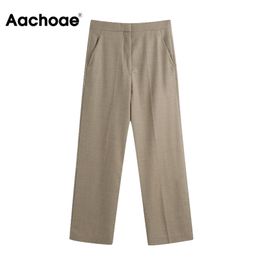 Aachoae Women Casual Khaki Pants Full Length Office Wear Trousers Zipper Fly Straight Long With Big Pocket Pantalones 210925