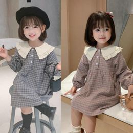 -SK coreano ins moda meninas vestido de xadrez crianças outono crianças colarinho de manga comprida verão criança crianças princesa