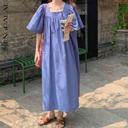 Minimalist Sundress Women's Summer Square Collar Large Size Flying Short Sleeve Mid-calf Dresses Female 210427