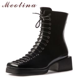 Meotina Women Ankle Boots Shoes Platform High Heel Short Boots Square Toe Block Heels Zip Lace Up Boots Lady Autumn Winter 40 210520