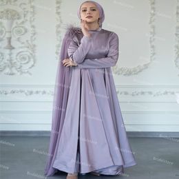 Lilac Muslim Evening Dress Dubai Arabic Long Sleeve Satin Formal Prom Dresses With Feather Turkey Party Gowns vestidos formales Robe De Soirée Mariage