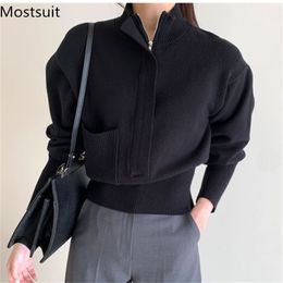 Stand Collar Zip-up Knitted Sweater Jumpers Women Full Sleeve Pocket Stylish Pullover Tops Solid Fashion Ladies 210513