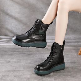 Boots Wedge Heel Mid-heel Round Toe Women's Boots, First Layer Cowhide Viscose Shoes, Leather Short Tube Thick-soled