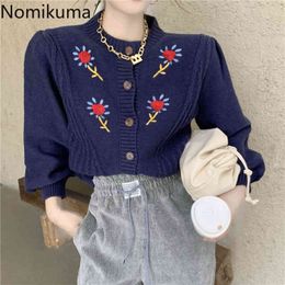 Nomikuma Vintage Floral Embroidery Knitwear Cardigan Korean O-neck Long Sleeve Sweater Autumn Winter Knitted Jacket 6D499 210427