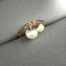 Sterling Silver Pearl Purple Ring Female Golden Yellow Retro Temperament Index Finger Cluster Rings