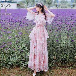 YOSIMI Evening Party Long Women Dress Summer Maxi Elegant Print Chiffon Ankle-Lenght V-Neck Short Sleeve Pink Ladies 210604