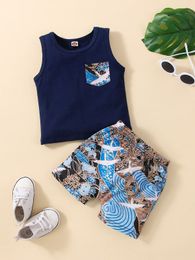 Baby Patched Pocket Tank Top And Crane & Floral Print Shorts SHE