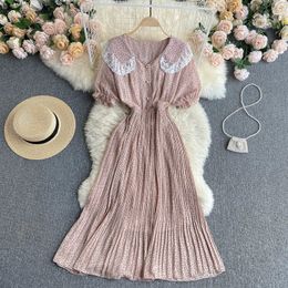 SINGREINY French Sweet Floral Dress Women Lace Turndown-Collar Puff Sleeve A-line Dress Summer Boho Print Chiffon Pleated Dress 210419