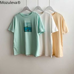 Mozuleva Summer Hand-panited Green T-shirt O-neck Tops Short Sleeve Loose Cotton T-shirt Women Chic Girls Harajuku Tees 210706