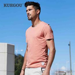 KUEGOU Cotton men's short sleeve T-shirt fashion extension tshirt pure color men t shirt summer Fake two piece top PT-1204 210706