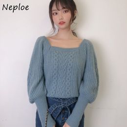 Neploe Chic Twist Knit Patchwork Women Sweaters Sexy Square Collar Puff Sleeve Pullovers Spring Warm Soft Solid Tops 210510