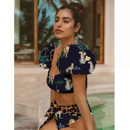 Print High Waist Bikini Set White Puff sleeve Swimwear Women Push Up Bandage Swimsuit Bathing Suit Beach Wear 210722