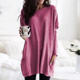 Plus Size 5XL Long T-Shirt Women Autumn Casual O Neck Long Sleeve Loose Tee Tops Ladies Solid Colour Pockets Elegant T-shirts 210507