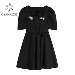 Sweet Lace Up Square Collar Black Dress Women Summer Elegant Bow Hollow Out Dresses Fashion Chic Puff Short Sleeve Clothing 210515