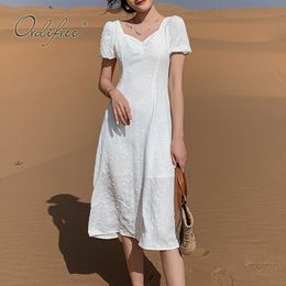 Summer Women White Beach Short Sleeve Knee Length Sexy Tunic Dress 210415