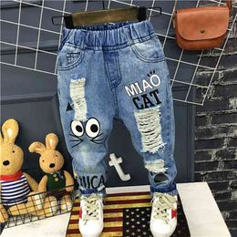 New Girls Jeans Spring Autumn Children Trousers 1-7Yrs Baby Boys Girls Jeans Boys Casual Hole Pants Cartoon Cat Jeans For Kids 210317