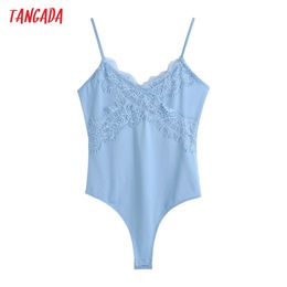 Women Lace Patchwork Sexy Solid V Neck Sleeveless Bodysuit Big Stretchy European Fashion Shirt Playsuit CE236 210416