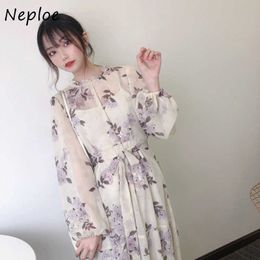 Neploe 2021 Elegant Temperament Women Dresses Lantern Long Sleeve Flower Print Dress Sweet Chic Drawstring Slim Waist Vestidos Y0726