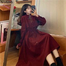 Elegant Dress Women Autumn Bow Lace Up Midi Long Female Casual Korean Fall Robe Clothing Vestidos 210519