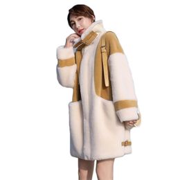 Faux fur coat women yellow white plus size loose autumn winter fashion long sleeve pocket thick warmth jacket LR861 210531