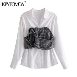 Women Fashion Fake Two Pieces Patchwork Blouses Long Sleeve Button-up Female Shirts Chic Tops 210420