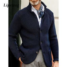 Fashion Solid Mens Knitted Outerwear Winter Warm Long Sleeve Casual Cardigan Coats Men Vintage Buttoned Stand Collar Jacket 211217