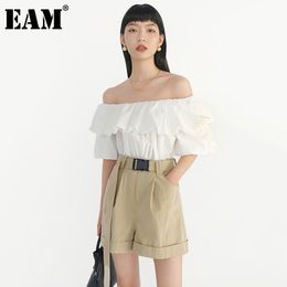 [EAM] Spliced Khaki Slash Neck Belt Loose Fit Women Rompers High Waist Pocket Pants Fashion Spring Summer 1DD8007 21512