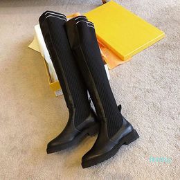 Luxury women's F letter knitting Over the knee boots Leather fashion outdoor socks brand shoes flat sexy breathable elastic Size 35-41