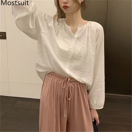 White Solid Loose Blouse Shirt Women Full Sleeve Single Breasted O-neck Tops Korean Fashion Female Blusas Mujer 210513