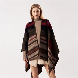 Women's Autumn And Winter Extended Fashion Travel Camping Warm Double-sided Faux Cashmere Cloak Computer Knitted Thick Plaid 210427