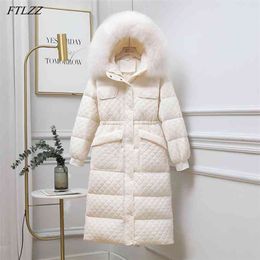 Winter Women Big Natural Fur Collar Long Down Parka Thick Warm 90% White Duck Coat Sleeve Snow Jacket 210430