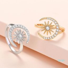 Cluster Rings Zircon Moon Shiny Crystal Star Women Ring Fashion Gold Color Open Finger Band Female Sepcial Unique Wedding Engagement Jewelry