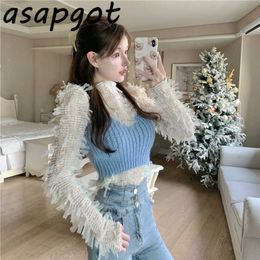 Solid Sexy Blue Knitted Camisole Women Korean Chic Outfits Short O Neck Puff Long Sleeve Tassel Shirts Lace Blouse Top Fashion 210610