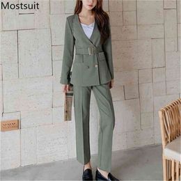 Autumn Korean Stylish Women Blazer Pant Suit Sets Double-breasted Belted + Pants Outfits Workwear 210513