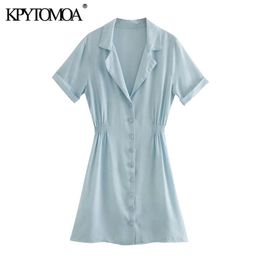Women Chic Fashion Button-up Loose Mini Dress Short Turn-up Sleeve Elastic Waist Female Dresses Vestidos 210420