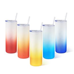 25oz Sublimation Frosted Glass Beer Mugs Gradient Colour Straight bottle With Bamboo Lid and Reusable Straw Portable soda Pop Can Coffee Milk Juice Water Cups B1