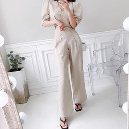 Summer Women Formal 2 Piece Pant Suit Office Ladies single-breasted Blouses + Hight waist Work Wide-legged pants Set 210514