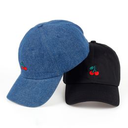 Cherry Fruits Embroidered Snapback Baseball Cap Dad Hats Man & Women Denim Blue bone Caps Adjustable Curved Hats for Travel