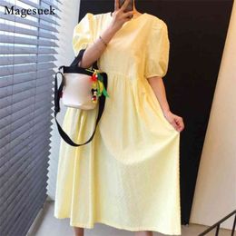 Chic Vintage Yellow White Summer Dress Women Puff Short Sleeve Long Elegant Loose Party Casual Robe Femme 13850 210512