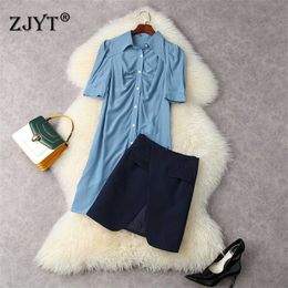 Elegant Lady Office Business 2 Piece Outfits Summer Women's Designer Short Sleeve Folds Long Shirt Dress Work Wear Vestidos 210601