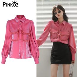 runway designer stylish red single breasted lantern sleeve tassel pockets satin blouse women lady tops shirt casual chic 210421