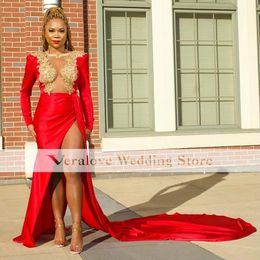 Red Mermaid Satin Evening Dresses Prom Gowns Sexy Gold Lace Long Sleeves Formal Party Dress Vestidos Custom Made