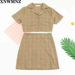 Streetwear Turn Down blouse women Fashion Centre Buttons crop top Tartan Cropped fitted Blouse harajuku ropa mujer vad 210520